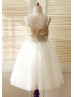 Thin Straps Gold Sequin Ivory Tulle Knee Length Flower Girl Dress With Tulle Sash